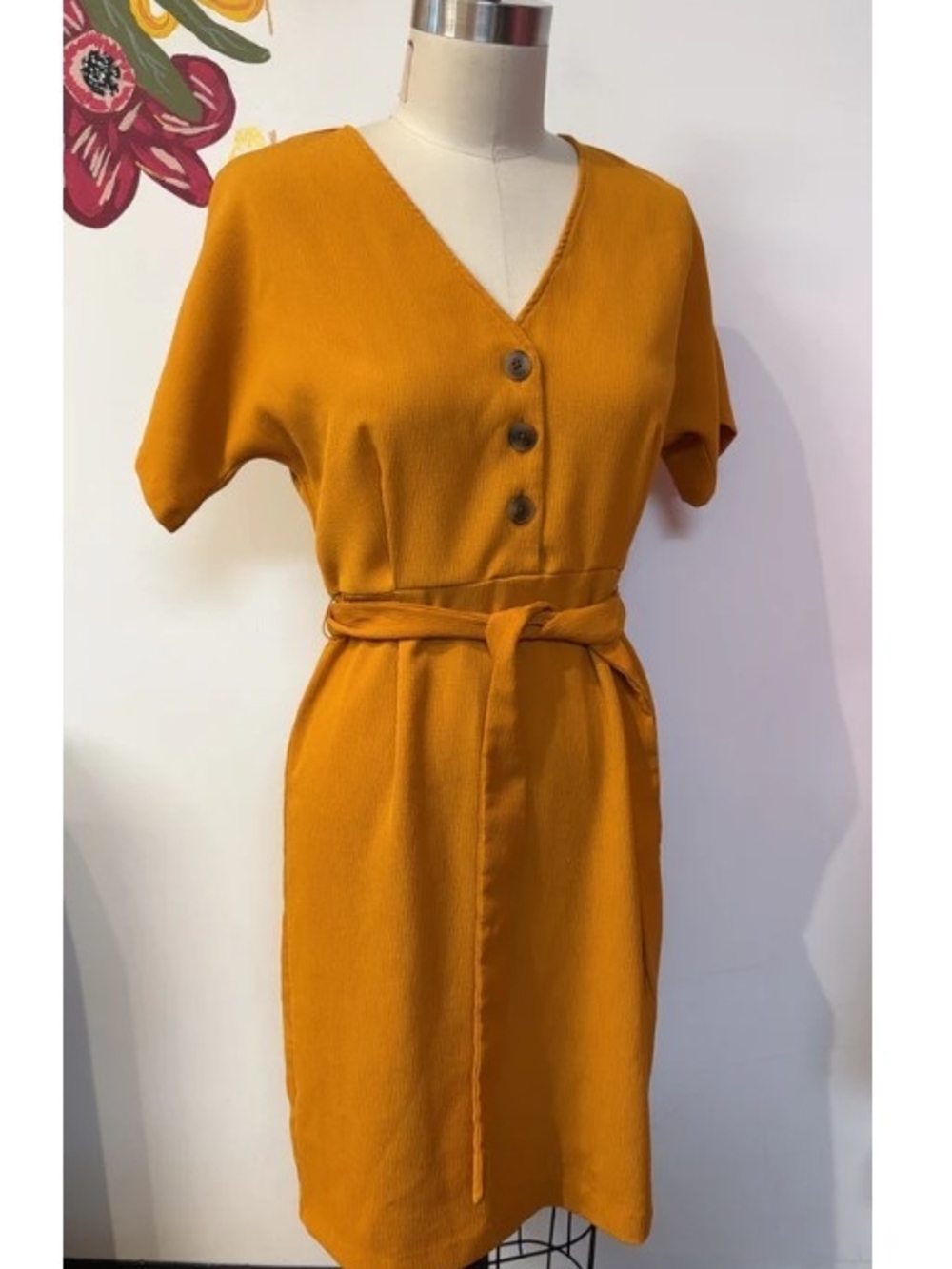 Ann Taylor V-Neck Belted Midi Dress in Mustard